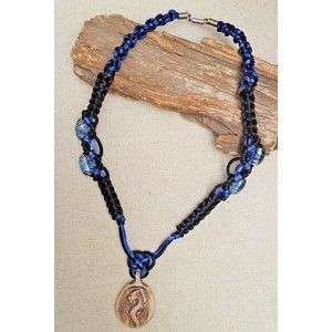 Vintage 1970s Macrame Necklace w/ Glass Beads & Ceramic Dragon Pendant Retro